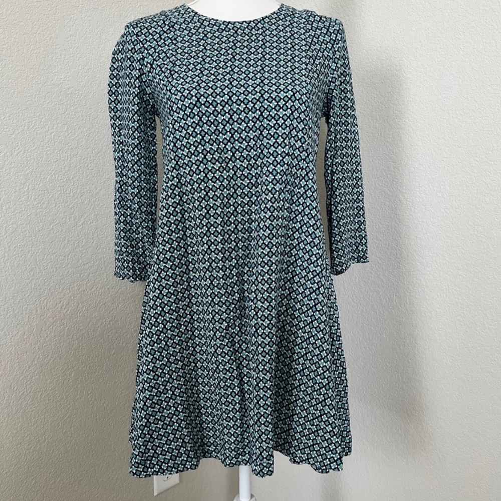 Navy & Teal Printed Swing Dress EUC